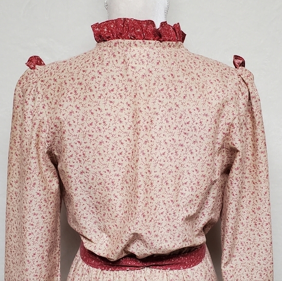 Vintage 60s JCPENNEY Tan Red Floral Calico Print Tie-Waist Boho Peasant Dress S - Picture 12 of 15